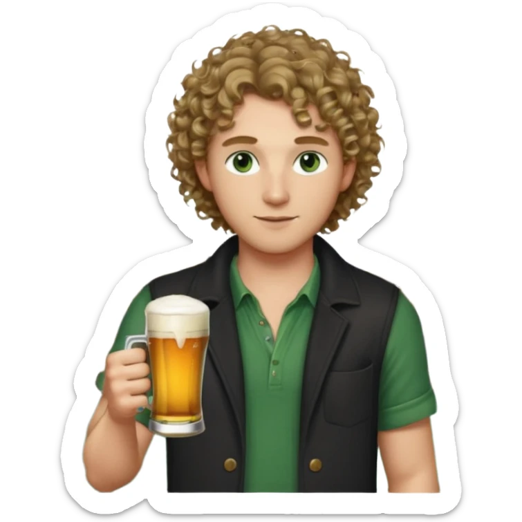 Male, wearing NYC casual clothes , with a beer, fair complexion, green eyes, shoulder length dark blonde curly hair, bar slinger sticker