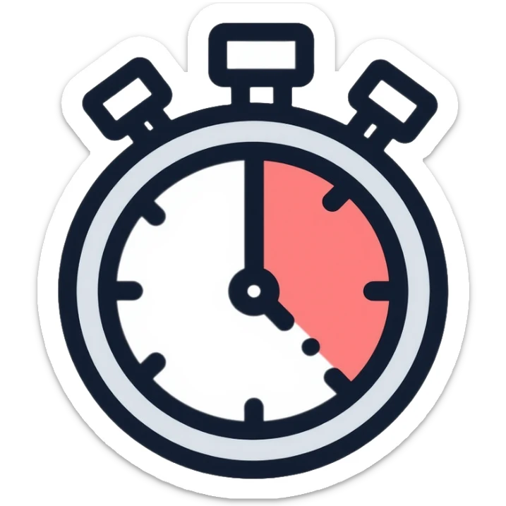 Stopwatch showing 1 minute and 58 seconds, hands pointing just before the 2-minute mark, symbolizing the two-minute rule in productivity sticker