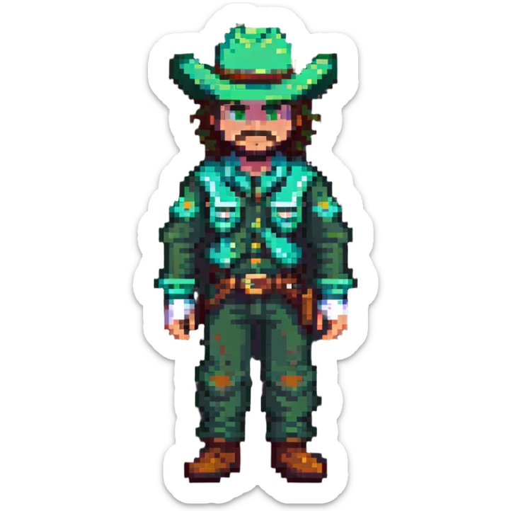 Pixel art of a cowboy character with green outfit and hat sticker