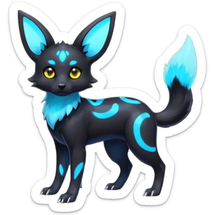 Rare realistic dark black with glowing blue bioluminescent edgy badass epic pretty beautiful handsome gorgeous aesthetic colorful vibrant Vernid-Umbreon-Trico-species-Fakemon-creature by LiLaiRa, 4 legs, 1 tail, random markings, (full body) sticker