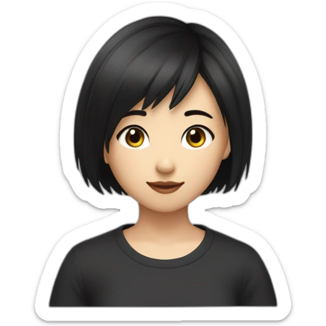 a girl with short black wolf cut hair, asian-europoid eyes, black tshirt sticker
