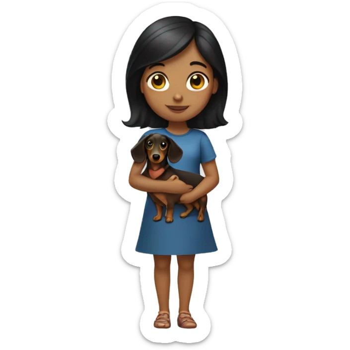 a girl with dark hair and a dachshund in her hands sticker