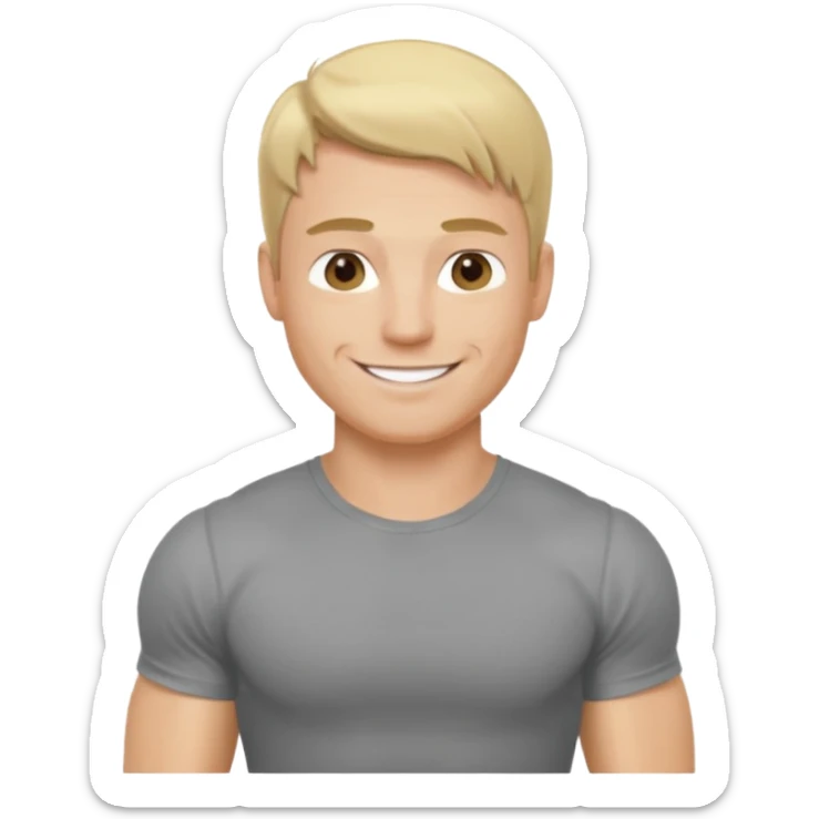 fais le meme blond, tee shirt gris mais musclé et fin qui sourie et ça s'arrête à la taille sticker