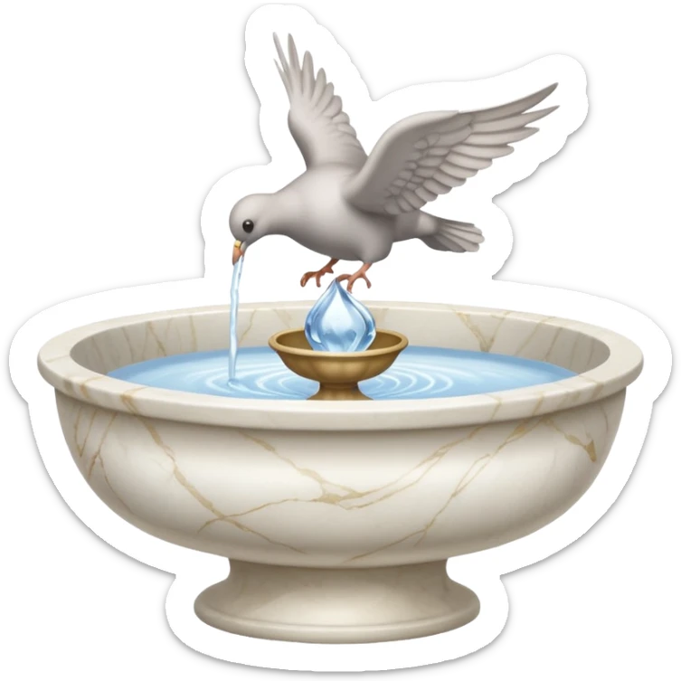 White small tall standing marble bowl fountain with a peaceful dove drinking from it  sticker