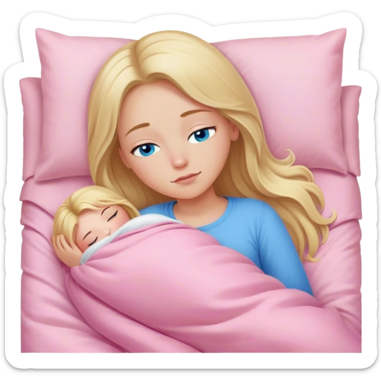 Cinematic realistic blonde with long hair, blue eyes, dressed in a pink top, sleeping in a cozy, soft bed, covered with a white duvet sticker