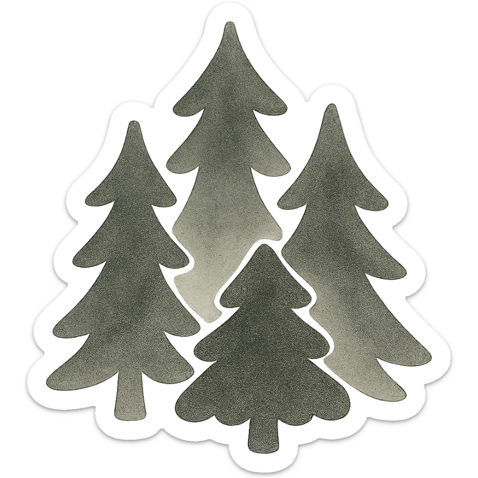 illustration of evergreen trees in Slavic folk art style, dark neutral forest color tones, watercolor texture with outlines, transparent background, suitable for favicon sticker