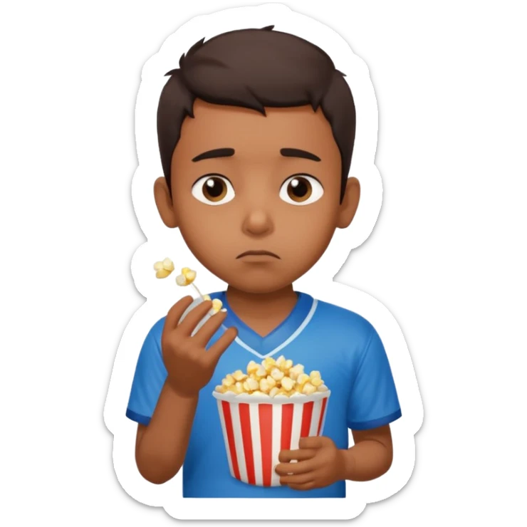 an indian boy wearing INDIAN cricket jersey and eating popcorn and looking sad sticker