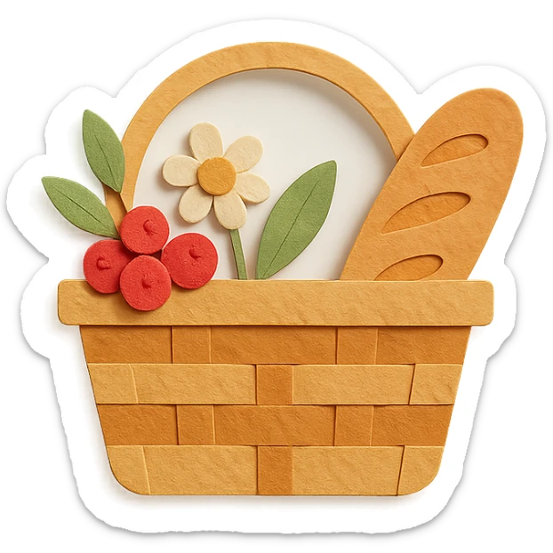 a picnic basket with berries, bread, and flowers, warm pastel shades, paper craft style sticker