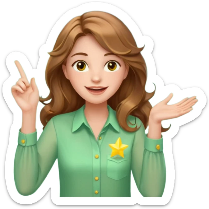 Joyful and imaginative woman with fair skin, long wavy light brown hair, hazel eyes, wearing a light green blouse with yellow accents, holding a glowing lightbulb and gesturing outward. Surrounded by stars, sparkles, speech bubbles, a paper plane, and a small heart. Waist-up, front-facing sticker