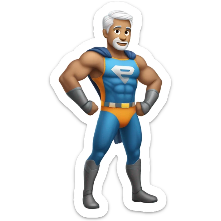 Man with gray hair and a new knee looking like a superhero sticker