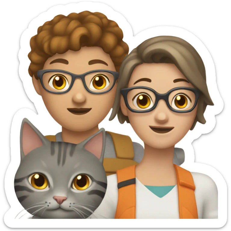 brunette girl with buzzcut and glasses with one grey tabby cat and one brown and orange cat sticker