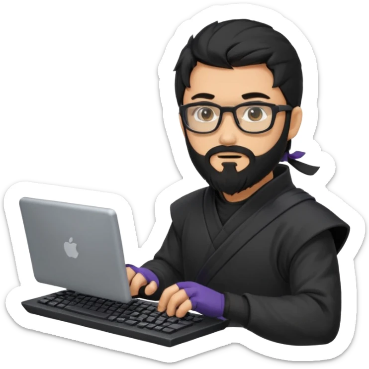 Man with black hair and beard wearing glasses in a ninja costume. Keep the top left version, make the beard longer and replace the sword on his with a computer keyboard  sticker