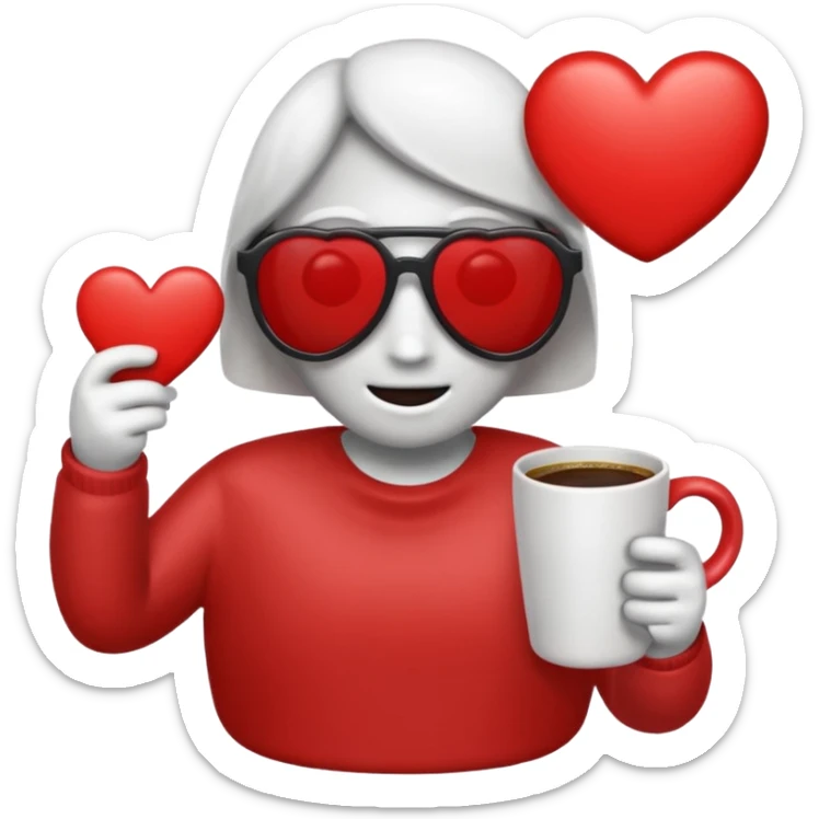 make me an heart emoji which as an sunglass on bt no face and holds a coffee mug, the heart should be read an the whole emoji should look like the whats app or apple emoji, in this style sticker