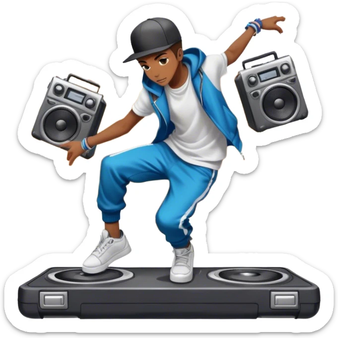 Icon for Street Dance: a dancer in urban streetwear performing a dynamic lower breakdance move, with a spray-painted background and a boombox on the asphalt. The icon should capture the energy, style, and creativity of street dance culture. Transparent background. sticker