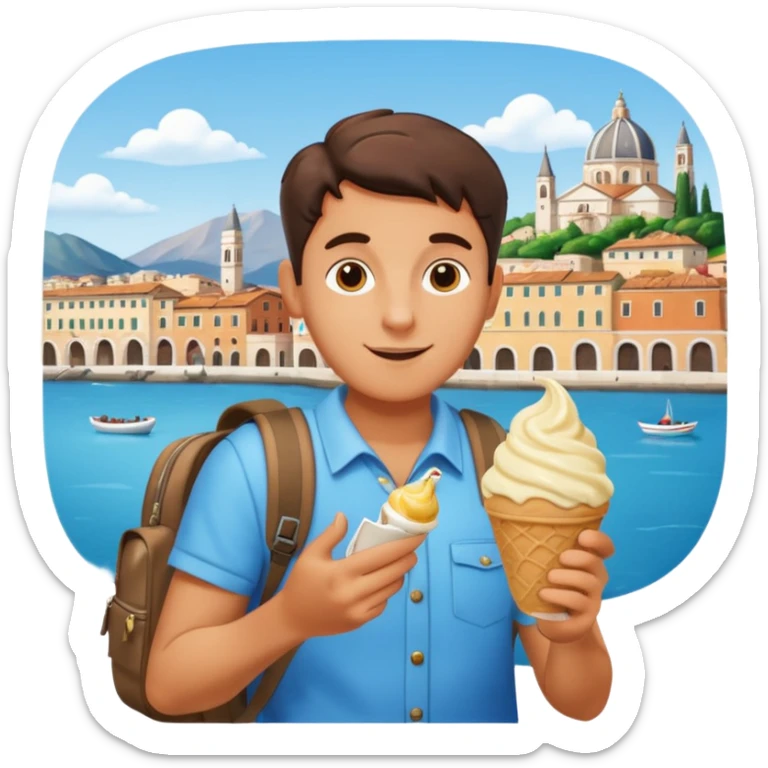 Italian tourist with backpack, eating gelato, looking at a city map sticker