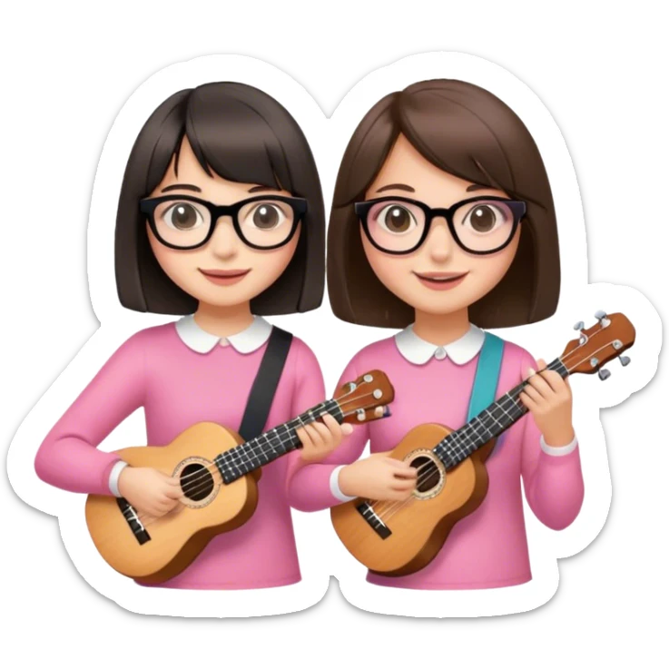 Two girls. They’re both brunettes. One is a bit taller than the other. She has a medium bob hair cut, and wears thick black glasses. The other girl has a fringe, and the hair above the shoulders. She wears pink, thin glasses. They’re both smiling. They both have an ukelele.  sticker