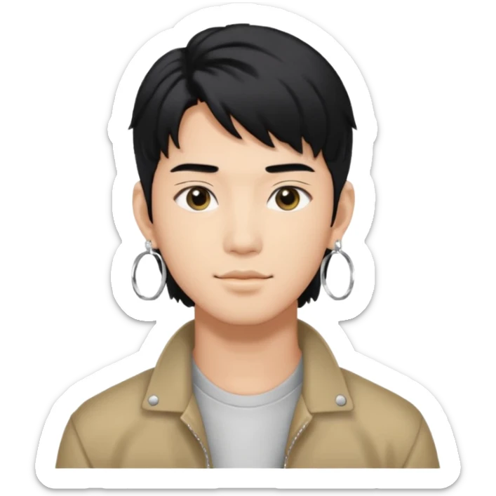 asian male with a black middle part with a kpop mullet and silver hoop earrings sticker