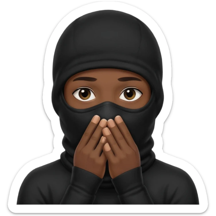 🥷🏽: inspire toi de cet emoji faisant en sorte qu’il est les mains sur la bouche et garde sa cagoule noir avec uniquement ses yeux apparent sticker