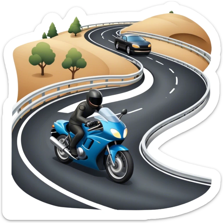 An icon showing a motorcycle and a car speeding through a winding road, with the car’s sleek silhouette blending into the curve of the road while the motorcycle zips past. The scene should capture the thrill of the ride, the freedom of the open road. transparent background. sticker