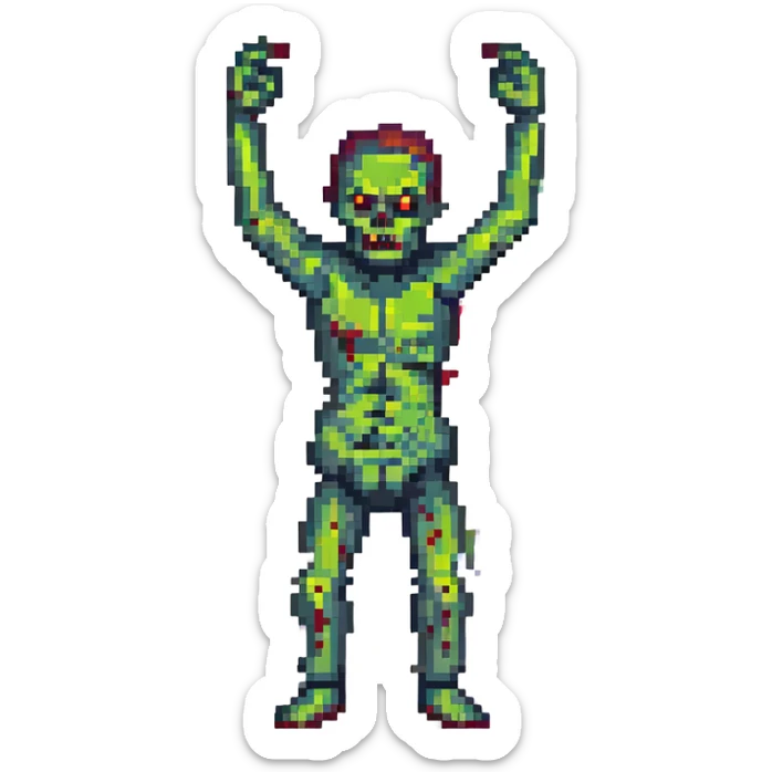 an angry zombie, arms up, bloody and crooked, normal human bodily proportions sticker