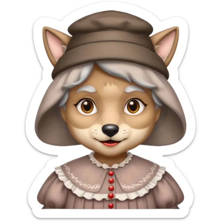 The big bad wolf is wearing Grandma's clothes and a hat, yet its face still looks like a wolf's. sticker