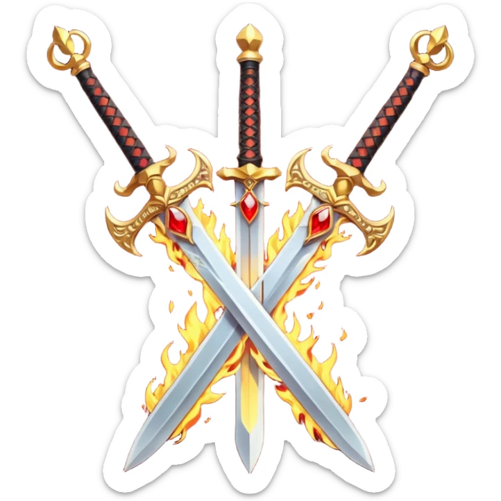 Two powerful on fire fully golden fiery royal crossed swords with red gems sticker