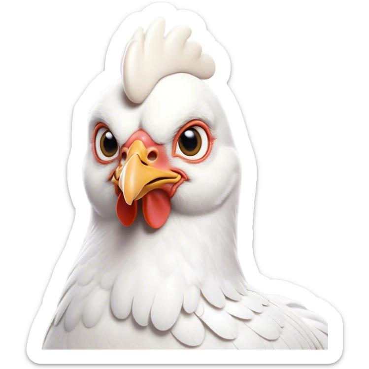 Cinematic Noble White Chicken Portrait Emoji, Poised and regal, with a compact, sturdy build and a pristine, well-groomed pure white plumage, deep-set soulful beady eyes, Simplified yet sharp and sophisticated features, highly detailed, glowing with a soft, dignified glow, high shine, intelligent and alert, stylized with an air of barnyard elegance, focused and attentive, soft glowing outline, capturing the essence of a watchful and confident fowl, so majestic it feels as though it could strut out of the screen with effortless authority! sticker