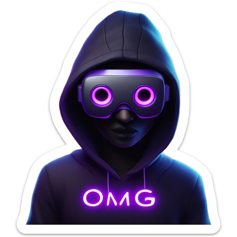 Ilon Mask wearing a black hoodie with "OMG" letters on it and VR headset oculus quest 2 in a cyberpunk VR environment with violet neon lighting. sticker