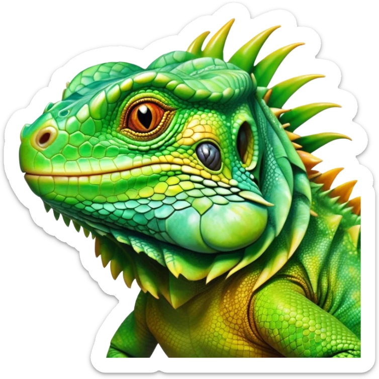 Cinematic Realistic Cute Iguana Portrait Emoji, Head tilted playfully and inquisitively, featuring a compact, agile build with a glossy, intricately scaled body in vivid green hues and a characteristically expressive face with bright, curious amber eyes, rendered in lifelike detail with natural highlights, high shine, affectionate and lively, styled with a touch of tropical whimsy, soft glowing outline, capturing the essence of a mischievous yet lovable iguana that seems poised to scurry out of the screen into your arms! sticker