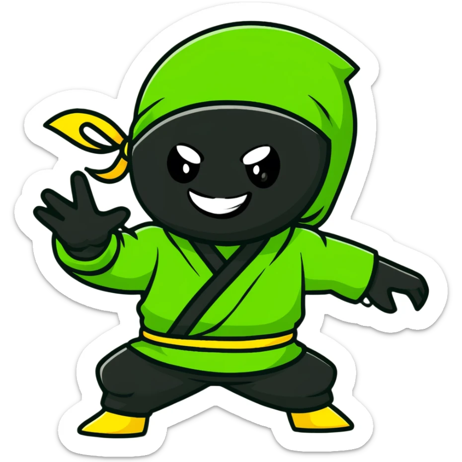 A confident ninja in yellow, green and black merged colors, smiling and saying "HI" sticker