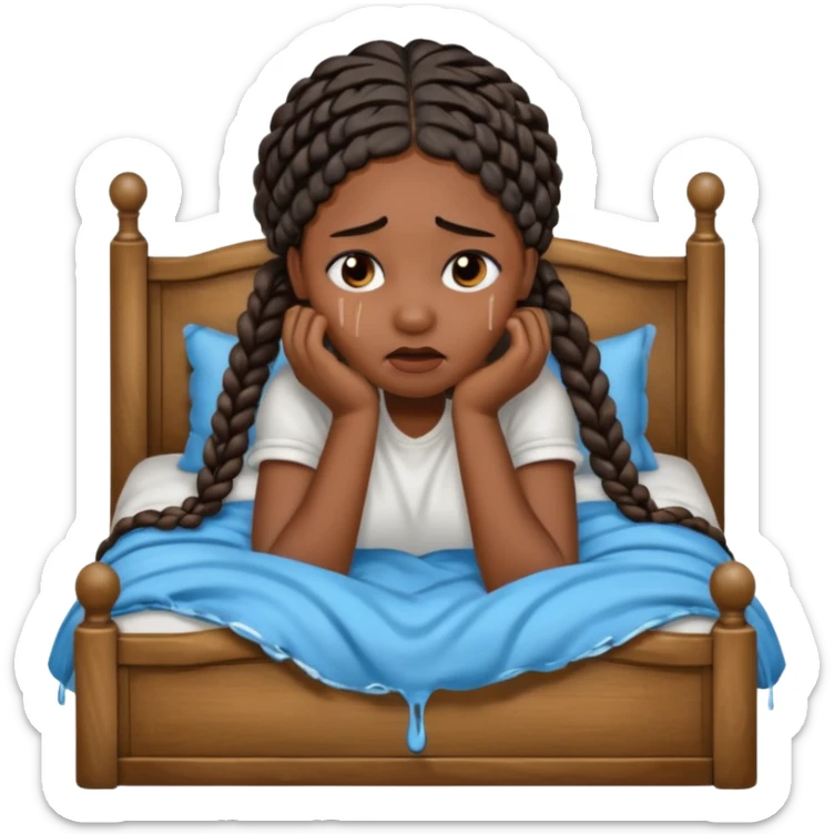 Black woman with braids in a big king size bed by herself crying sticker