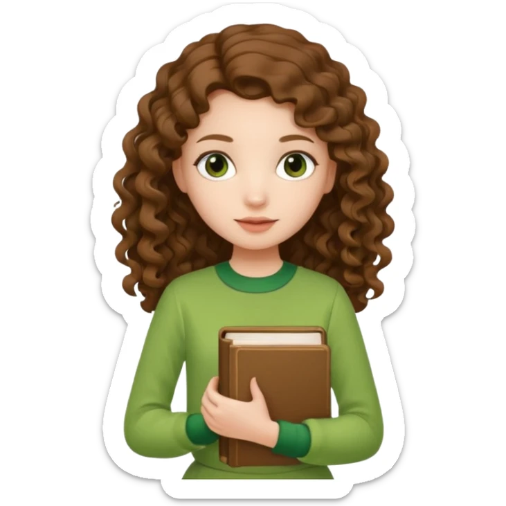 A girl with long brown curls and a green outfit holding a stacking book in her hand sticker
