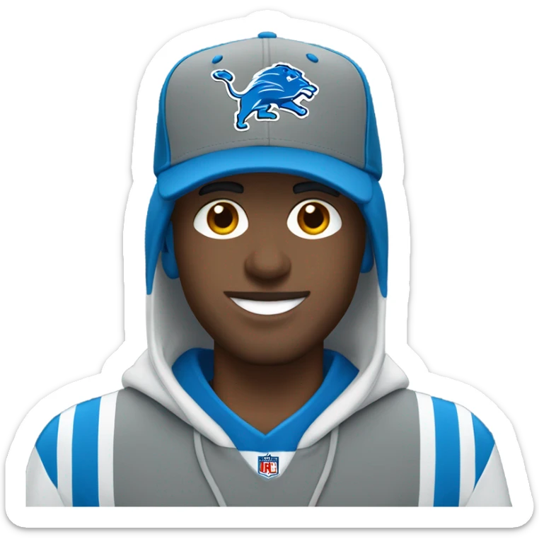 White male wearin a Detroit lions hat sticker