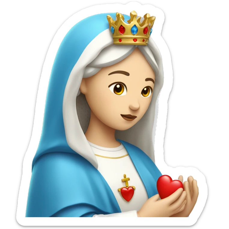 holy mary with a crown, blue veil, white clothes, white skin, holding a red heart in her hands sticker