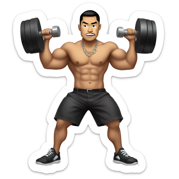 bad boy asian. tattoos. muscles. holding weights.  full body with legs. making the 'rizz' face  sticker