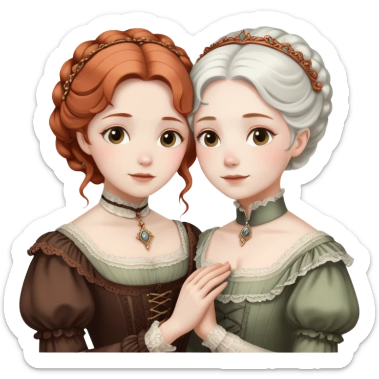 Two modest Victorian women hugging, one with white hair and one with copper hair, wearing Victorian era dresses sticker