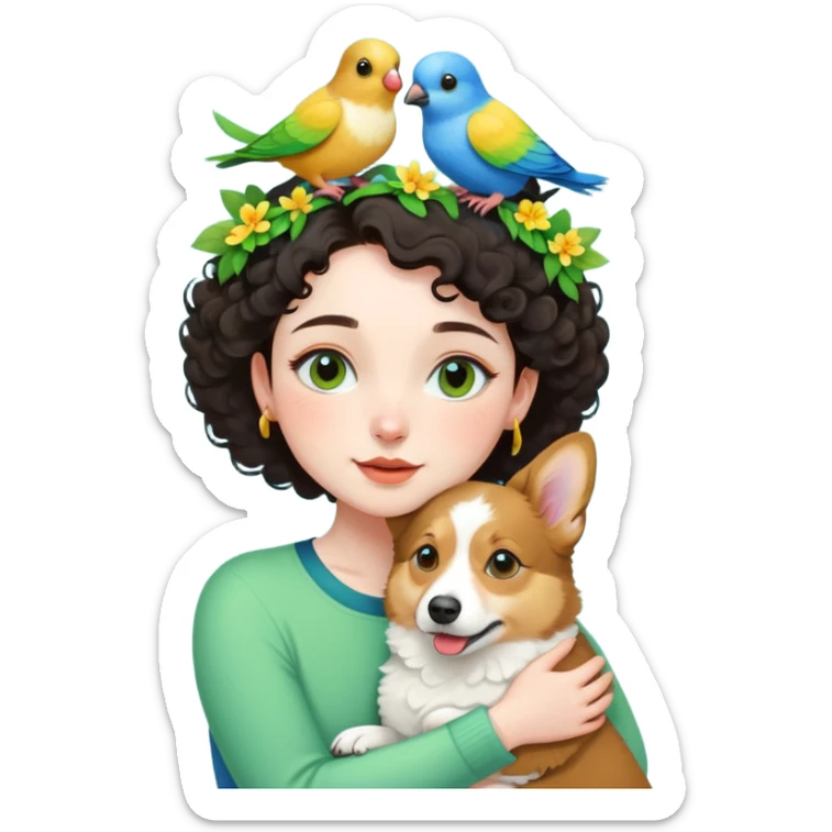 Dark short curly hair with pale skin and thin eyebrows girl hugging a welsh corgi. And a green-reddish lovebird on her head with yellow, blue love birds around her. sticker