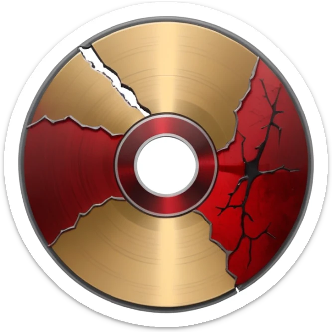 Minimalist emoji-style sticker of a single CD with a sharp crack and a dried blood spot. View from above, black, gray, and muted red.
 sticker