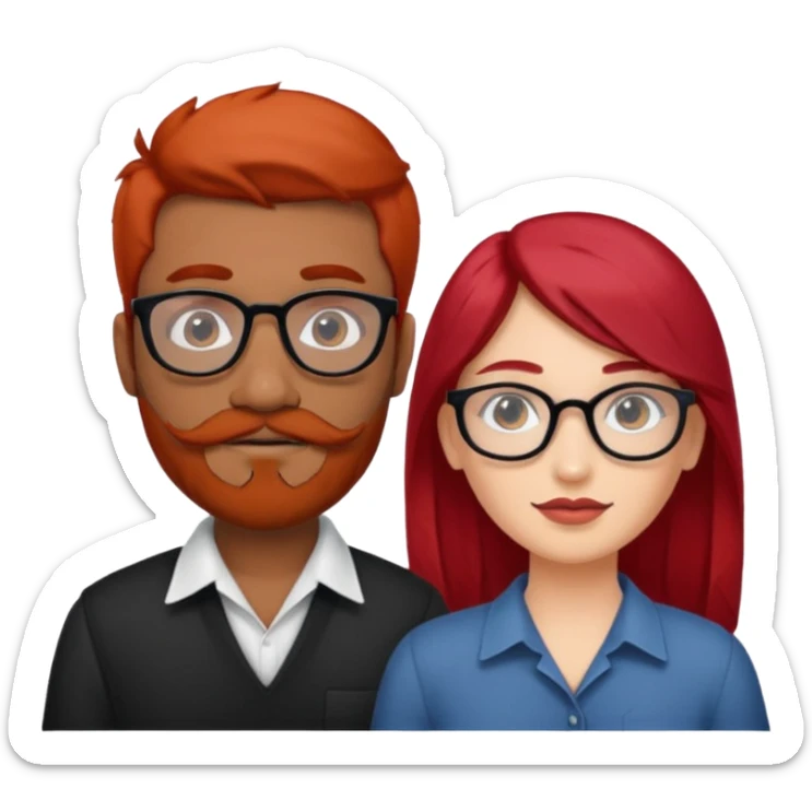 White red hair girl without glasses and brown indian guy with moustache and beard with glasses black hair  sticker