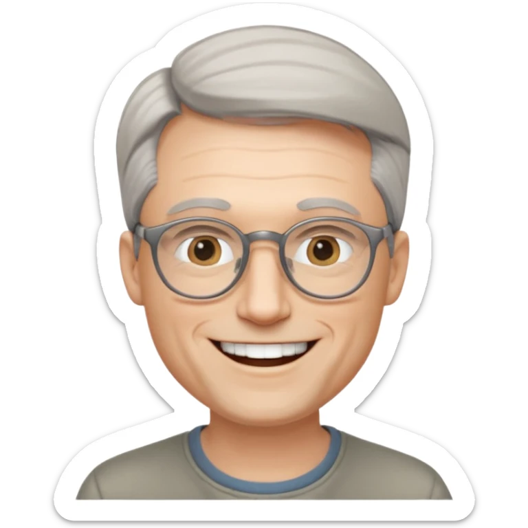 40 yr old pale white man, grey side swept hair, round glasses, big smile, white teeth, handsome, longer hair, thin glasses, no wrinkles sticker