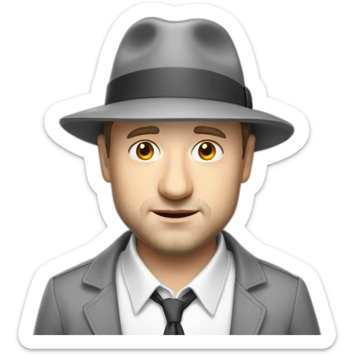 tim robinson wearing a grey fedora with a grey flap on the back white shirt looking sad sticker