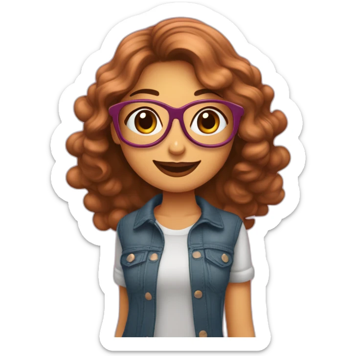 Chica de lentes, con expresión feliz, cabello marrón largo ondeado, labios color rosa oscuro, de tez trigueña reposando sus manos en la cabeza sticker