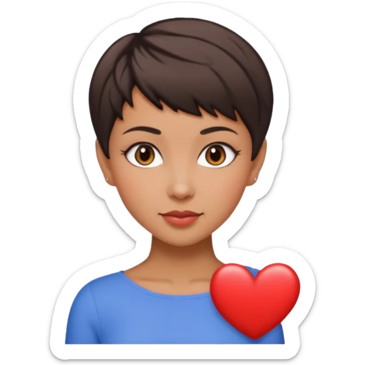 woman pixie cut dark brown hair, tan skin, brown oval eyes, heart shaped face sticker