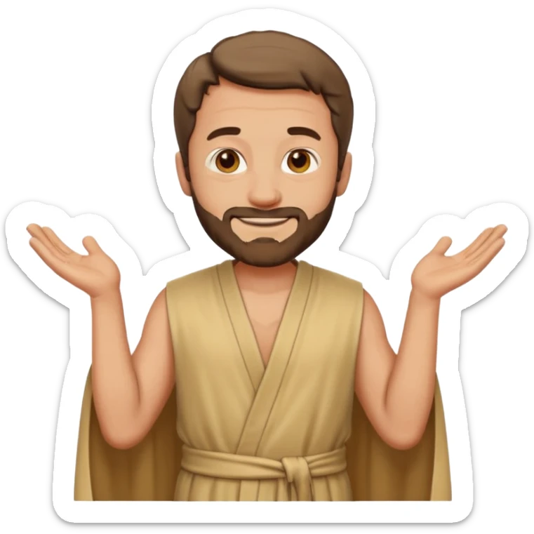 fullbody apostle Peter, classic emoji style, lighter colors, sleeveless shirt like in 'The Chosen', plain robes, standing pose, smiling sticker