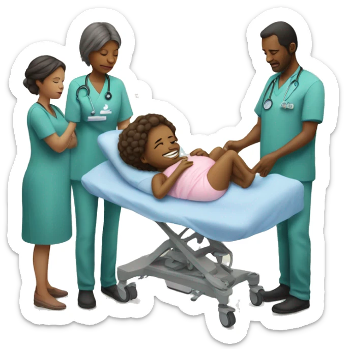 a woman gives birth and doctors stand nearby sticker