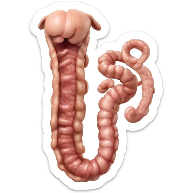 the intestines of a dog from a ventral view. Include the small intestine coiled in the middle, the large intestine connected to it, and the colon running down the left side. Make sure the positions are realistic sticker
