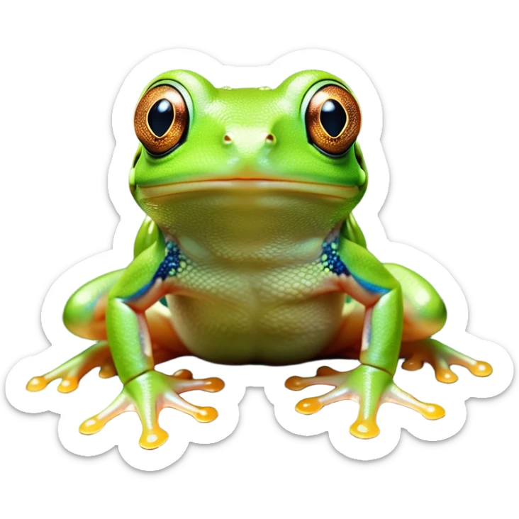 Cinematic Cute Green Tree Frog Portrait Emoji, Head tilted playfully and inquisitively, featuring a charmingly compact form with vivid green, slightly textured skin, prominent sticky toe pads, and round, sparkling eyes full of playful wonder, Simplified yet irresistibly adorable features, highly detailed, glowing with a warm, inviting jungle glow, high shine, affectionate and lively, stylized with a touch of tropical whimsy, soft glowing outline, capturing the essence of a mischievous yet loving frog that seems as if it could hop out of the screen into your arms! sticker