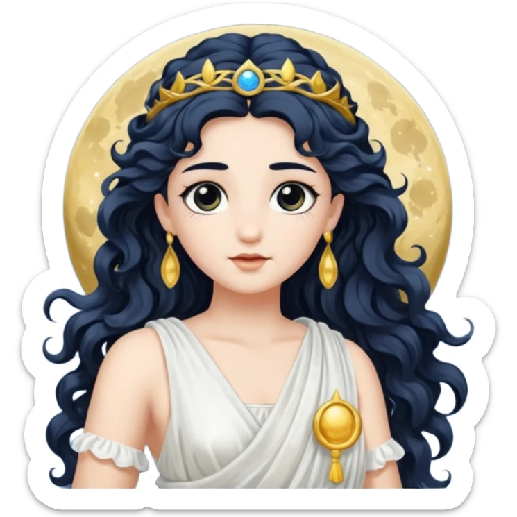 Luna, Goddess of Moon from Roman Deities with long black wavy hair, white sequin toga  sticker
