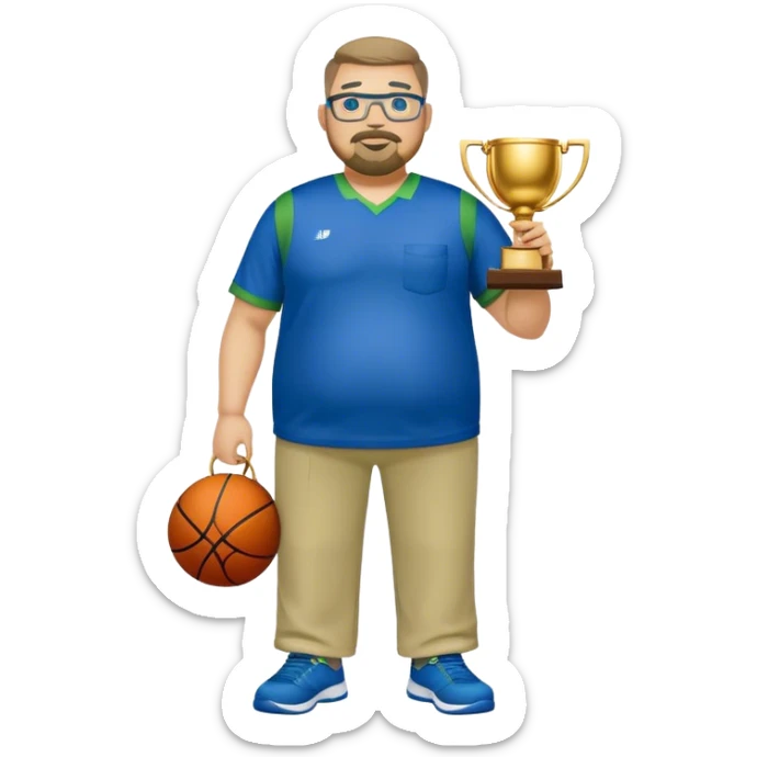 full body white obese male basketball coach with trophy. Goatee , Wearing glasses and blue and green polio and khaki pants sticker