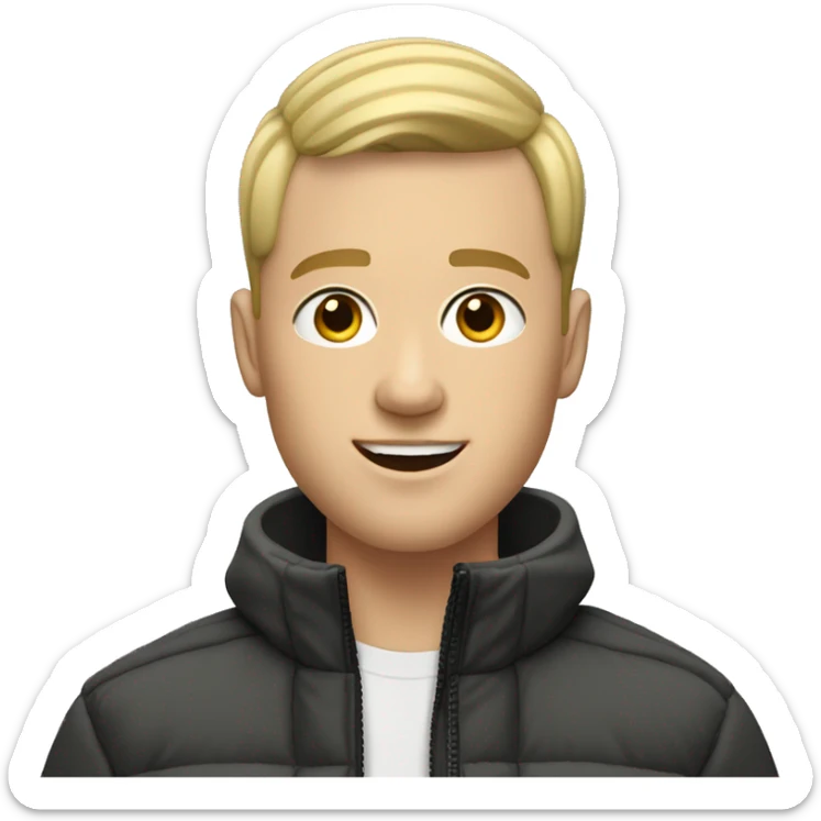 blonde guy with buzz cut hair and with north face coat with a mobile showing to front sticker